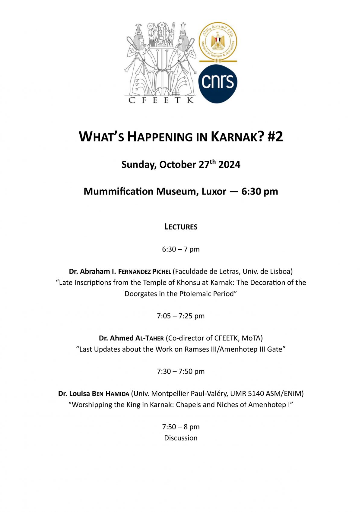 “What’s Happening in Karnak? #2” — 27 October 2024 at Mummification Museum of Luxor